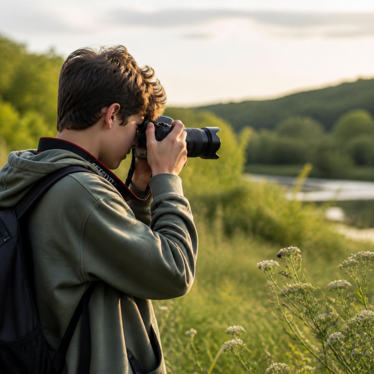 A student photographing the outdoors with a camera during golden hour
