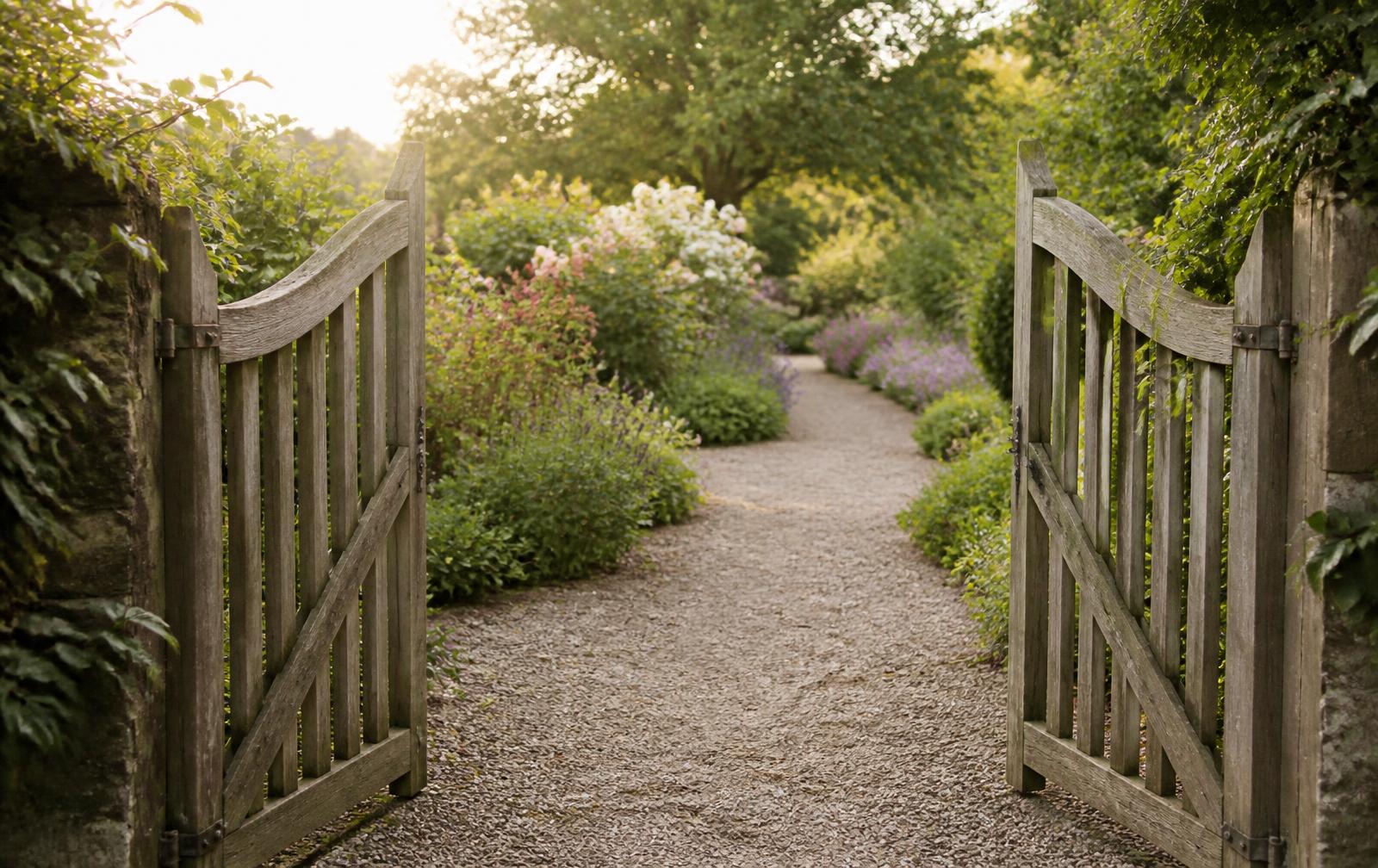 An open wooden garden gate leading onto a flower-lined path